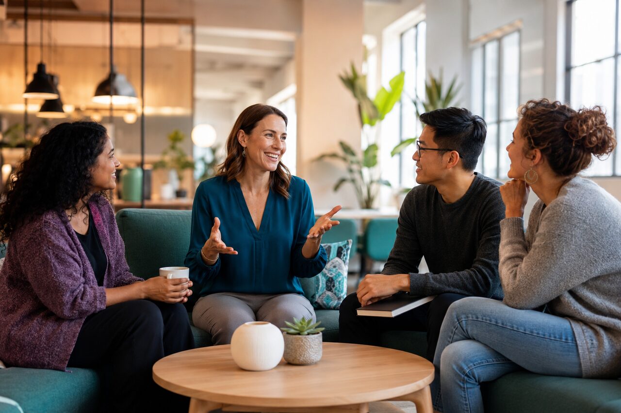 Four people talking on couches around a low table in a co-working lounge