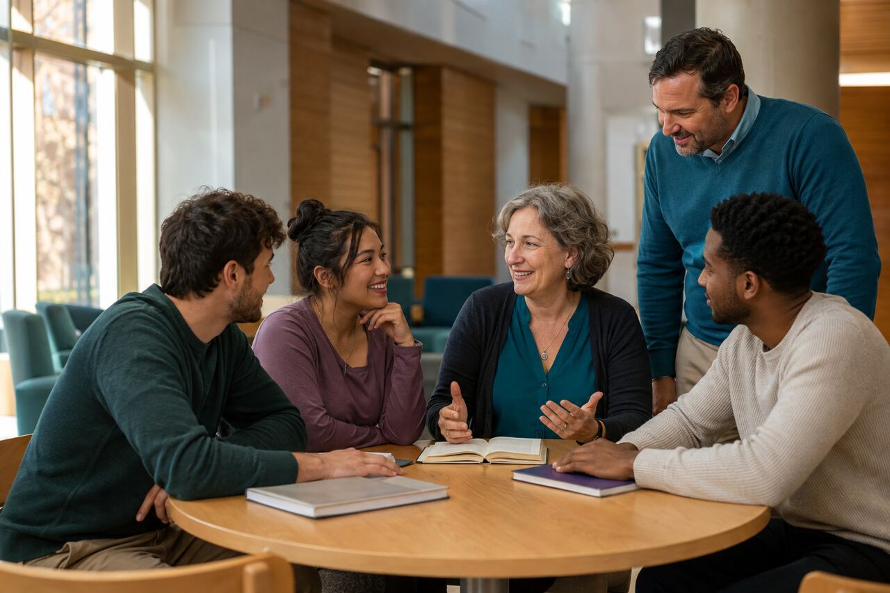 Faculty, staff, and adult students talking around a table in a campus commons