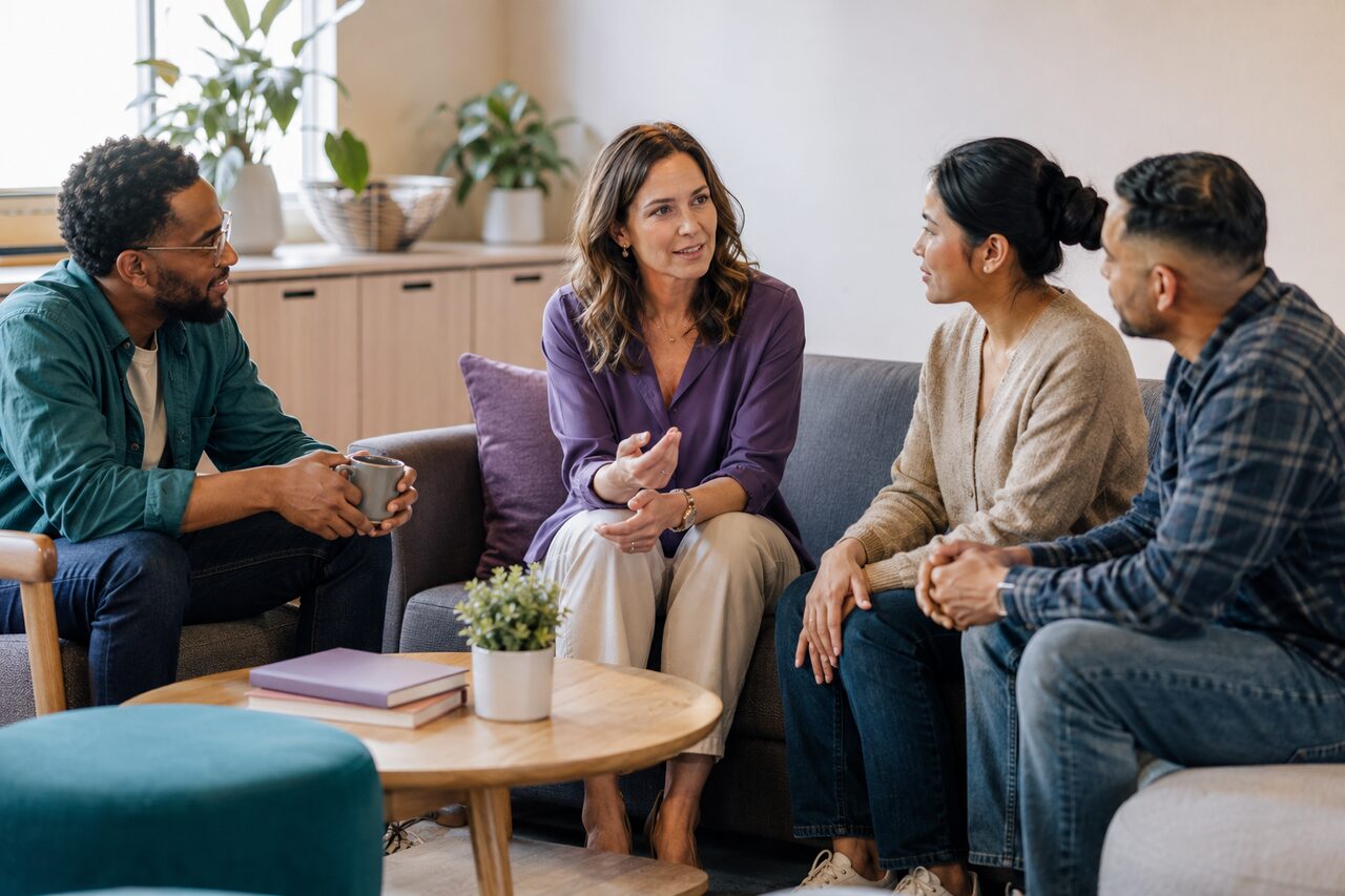 Four colleagues talking together on couches in a workplace lounge