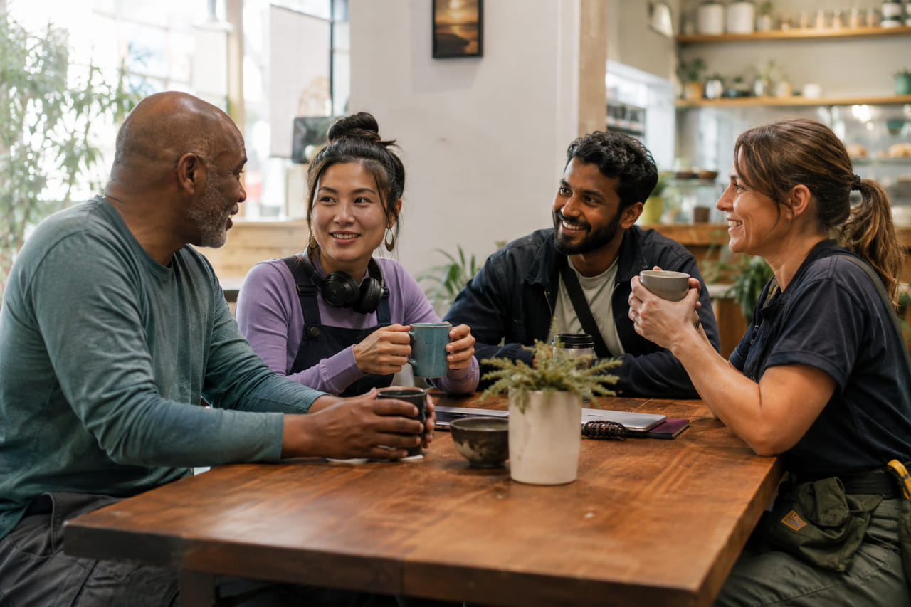 Four independent workers talking over coffee around a wooden table